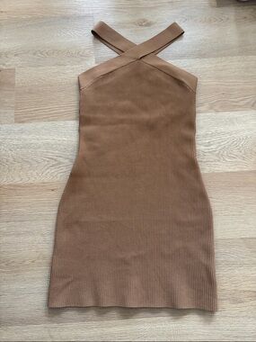 Babaton Ribbed Cross-Strap Mini Dress in Camel